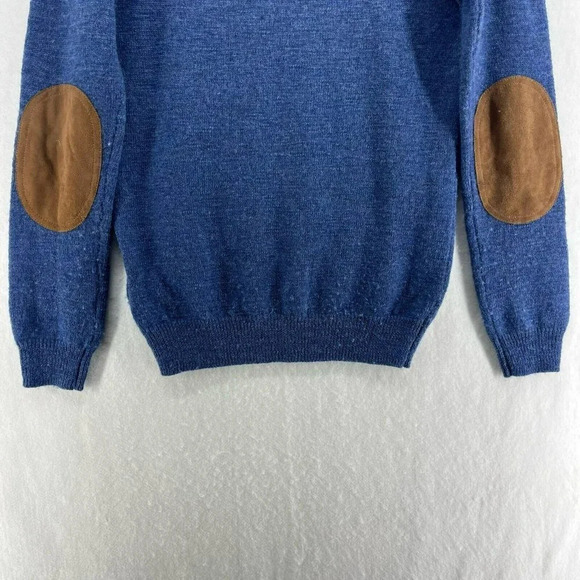 J.Crew Merino Sweater Men's S Blue Brown Leather Elbow Trim Round Neck Pullover - Picture 9 of 15